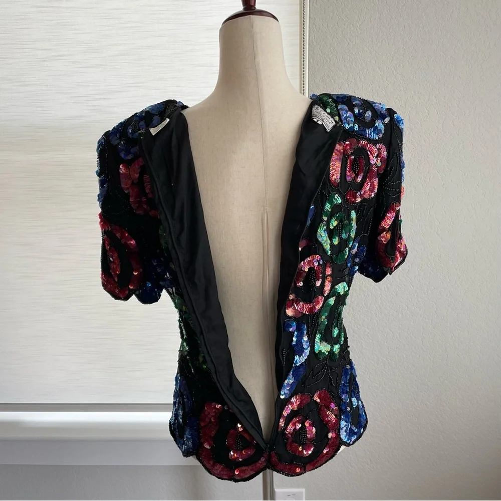 Vintage Stenay Silk Beaded and Sequin Top Short Sleeve Size Small